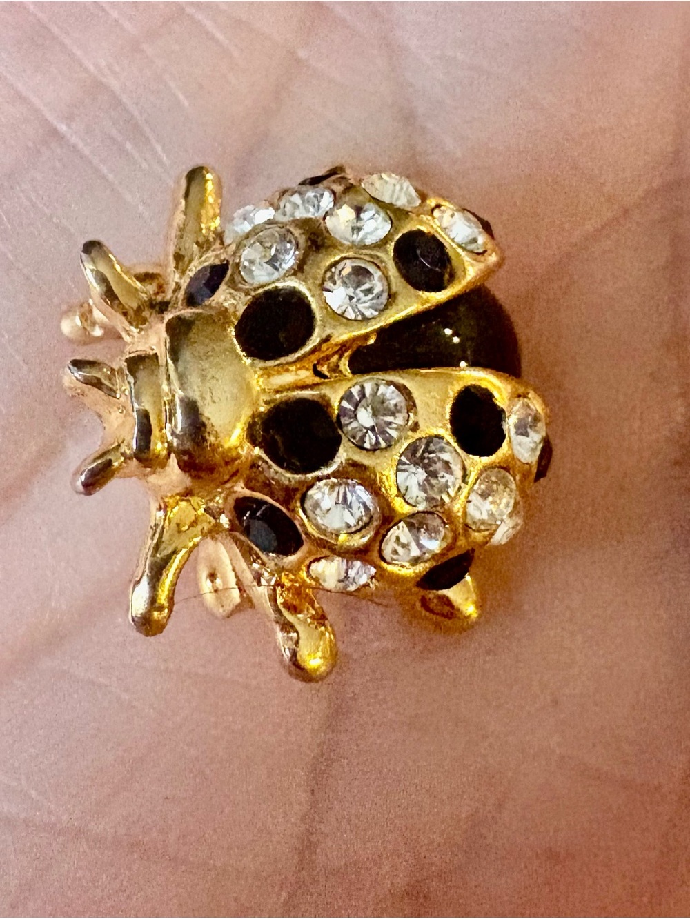 Retro Gold-tone Ladybug Brooch with Clear Crystal Accents